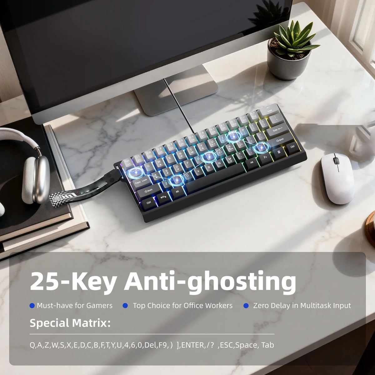 61 Keys Wired Gaming Keyboard 60 Percent RGB Backlit Compact Gaming Keyboard with Lanyard for Laptop PC 61 Keys Gaming Keyboard