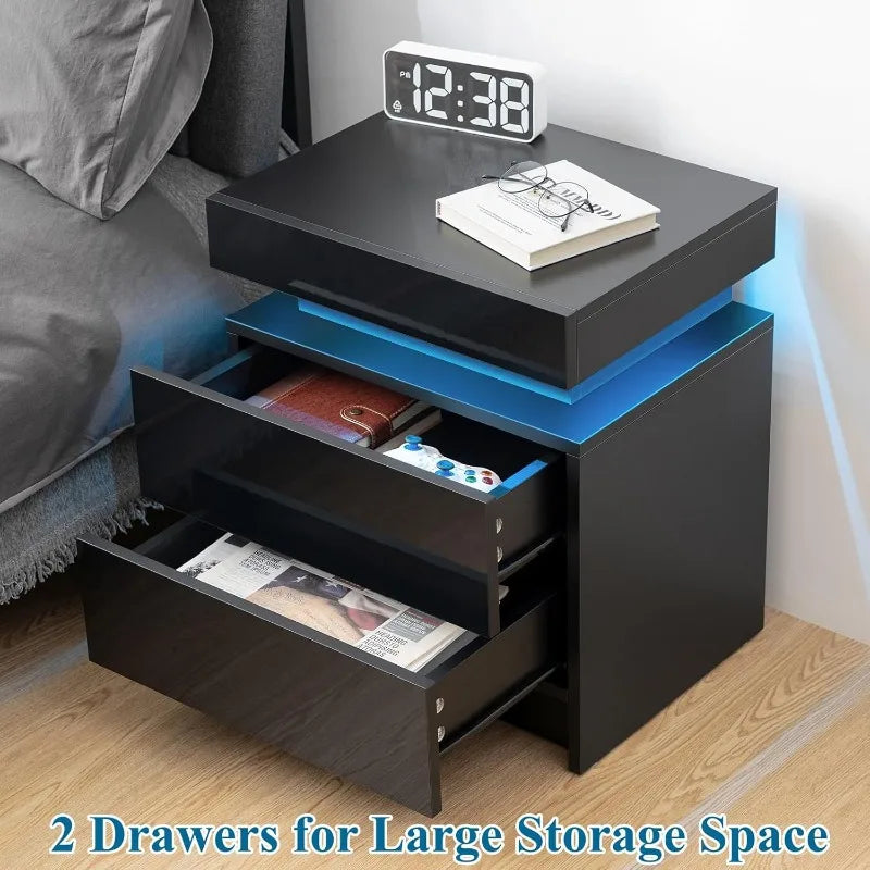 Living Room LED Nightstand Black Night Stand Led Lights Modern Nightstand 2 High Gloss Drawers Bedside Table Smart Bedroom