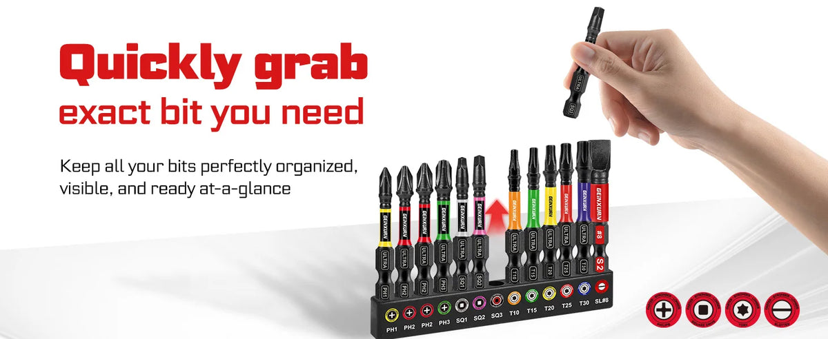 Geinxurn 13PCS Impact Phillipes/Square/Slotted Screwdriver Bits Set, 2'' Magnetic S2 Steel Bits Set with Color Coded Base