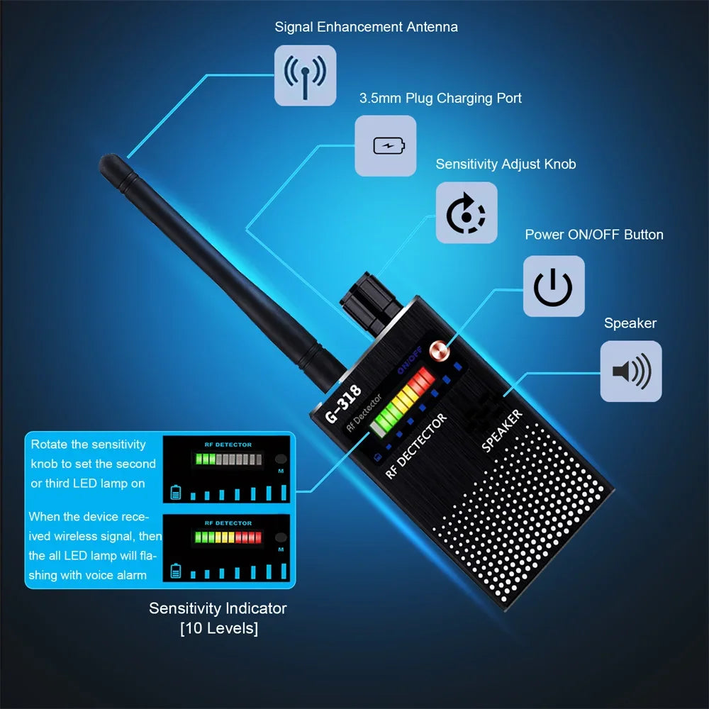 Anti Spy Hidden Camera RF Detector bug Finder GPS Tracker 4G 5G Mobile Signal WiFi bluetooth Scanner Find Out Spy Gadgets Detect