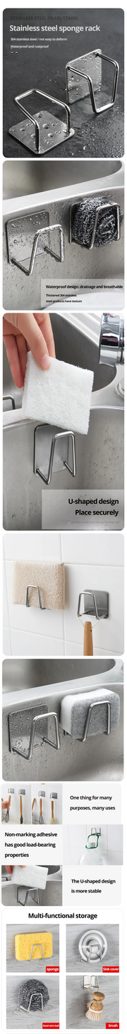 Kitchen 304Stainless Steel Sink Shelf Sponges Storage Holde Adhesive Drain Drying Rack Wall Hooks Storage Organizer Accessories