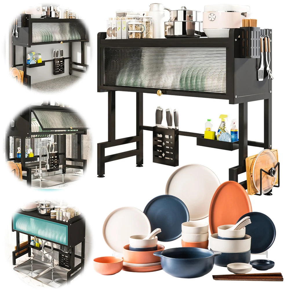 Kitchen Drain Shelf Steel Multi Organizer Cabinet Multi-Functional Kitchen Storage Rack Large Over The Sink Dish Rack with Cover
