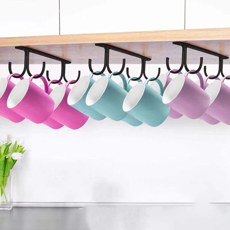 Kitchen Cup Holder Mug Rack Under Cabinet 4 Hooks Under Shelf Display Hanging Drying For Bar Kitchen Utensils Household