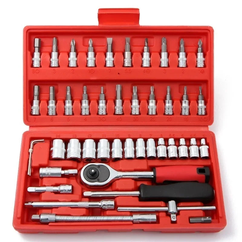 46 Pieces / Set Car Repair Tool Set Household Hand Tool Kit Wrench Screwdriver Socket Carbon Steel Combination Set + Tool Box