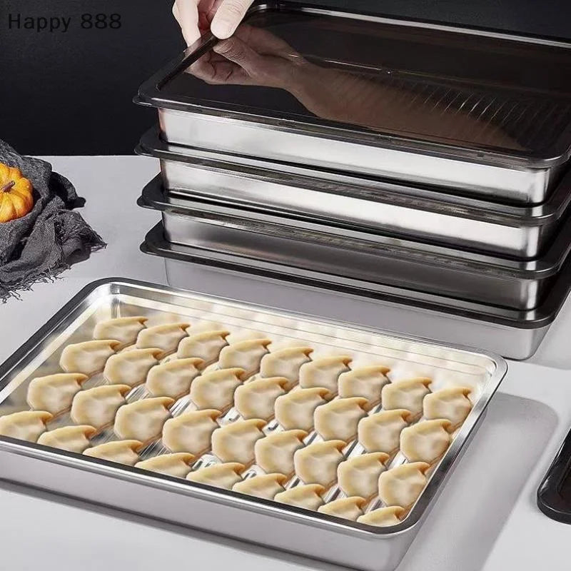Stainless Steel Kitchen Storage Container With Tray – Refrigerator Organizer For Dumplings, Fruits, Vegetables, Meat, And Cakes
