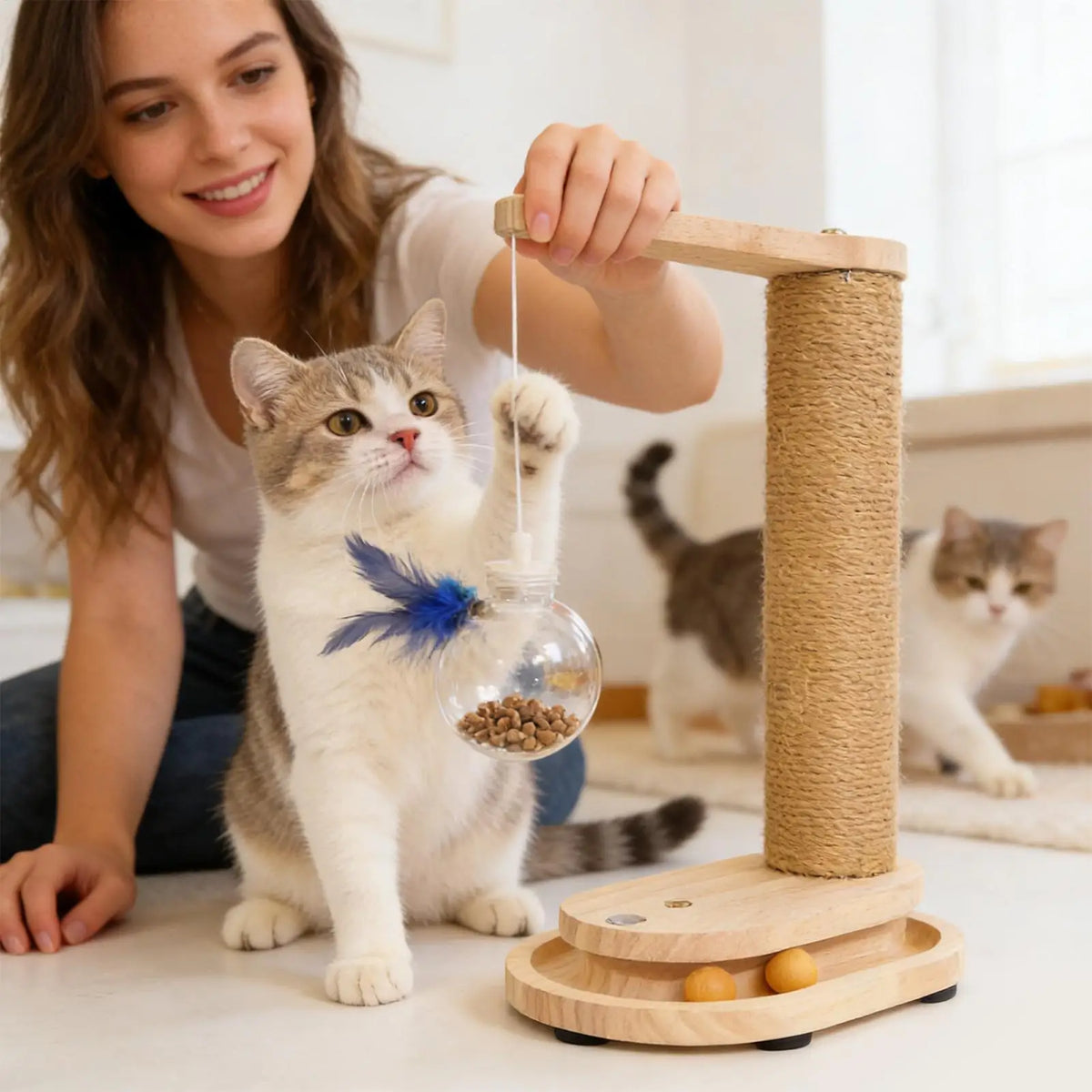Cat Scratching Post with Treat Dispenser Sisal Rope Scratcher Toy Furniture Protector for Indoor Cats Kittens Climbing Activity