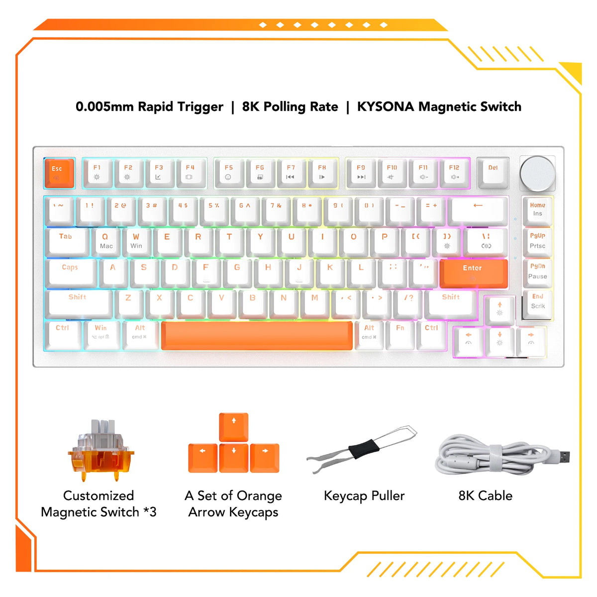 KYSONA KM82 HE Wired Gaming Keyboard Magnetic Switch 75% 82 Key 8000Hz Polling Rate PBT Ultra-Precision 0.005mm RGB For Gamer