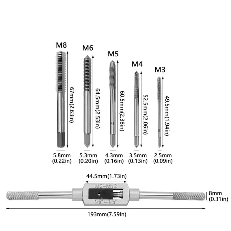 Adjustable Wrench T-Handle Milling Tap High Speed Steel Taps Metric Screwdriver Thread Tapping drill Holder Hand Tool Set