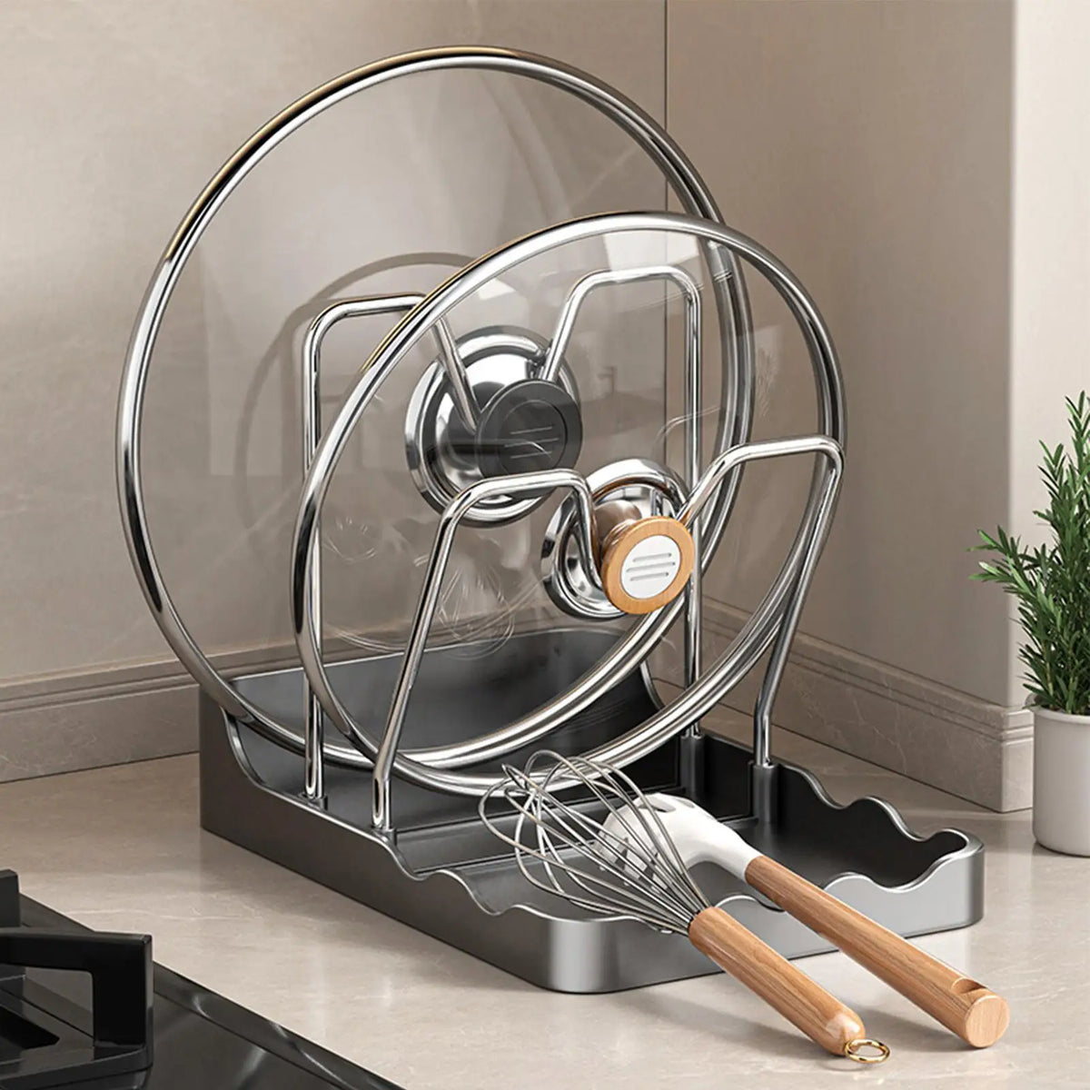 Kitchen Pot Lid Rack No Drill Pot Lid Organizer Kitchen Space Saving Countertop Organizer Rack with Drainage Tray Easy to Clean