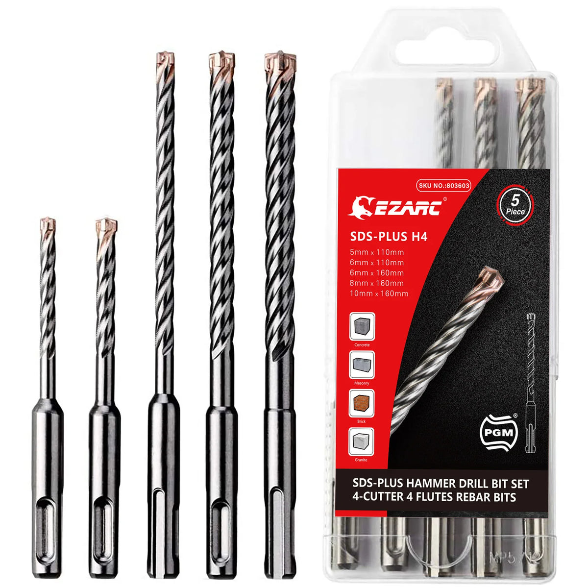 EZARC Masonry Drill Bit 5PC SDS-Plus Hammer Drill Bits 4-Cutter Carbide Tips for Reinforced Concrete, Masonry Marble Brick Tile
