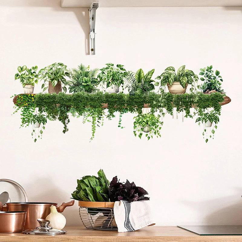 Bedroom Living Room Wall Beautification Green Plant Decor Courtyard Wall Decals Green Dill Leaves Hanging Basket Wall Stickers