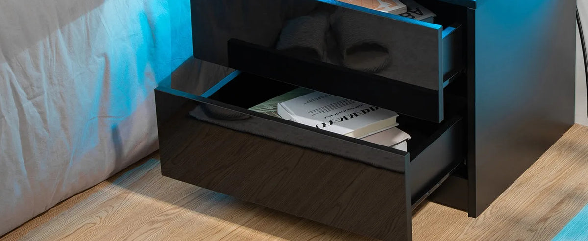 Living Room LED Nightstand Black Night Stand Led Lights Modern Nightstand 2 High Gloss Drawers Bedside Table Smart Bedroom