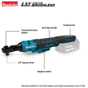 Makita Ratchet Right Angle Wrench Brushless Cordless Driver Multifunction Variable Speed Power Wrench LED 18V Power Tools