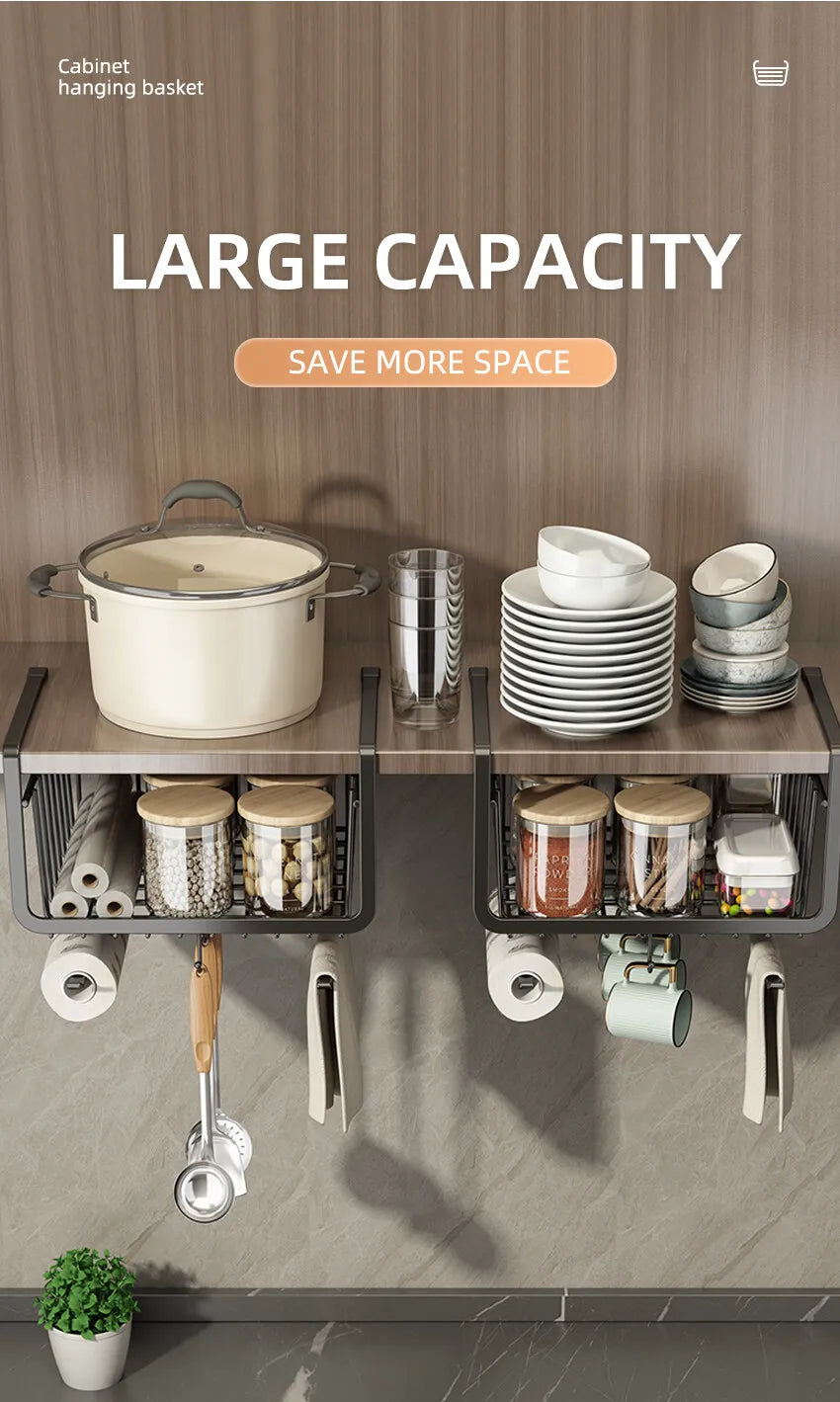 Kitchen Under Cabinet Basket Storage Shelf Tissue Cup Holder Closet Desk Hanging Rack Hollowed Pullout Drawer Sliding Basket