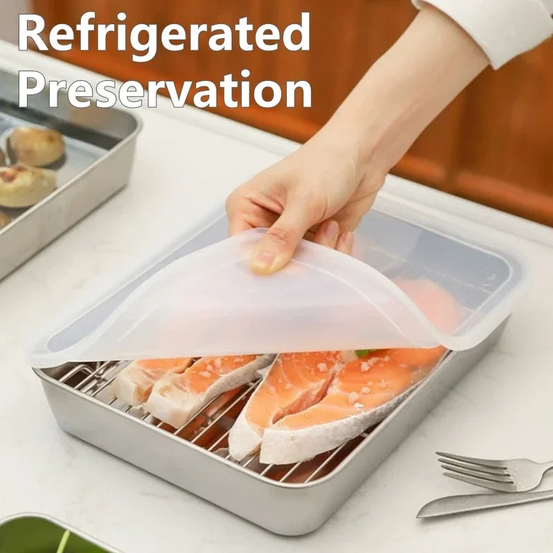 Food Storage Trays Rectangle Preservation Box with Plastic Cover Stainless Steel Multi-Function Rustproof Barbecue Food Storager