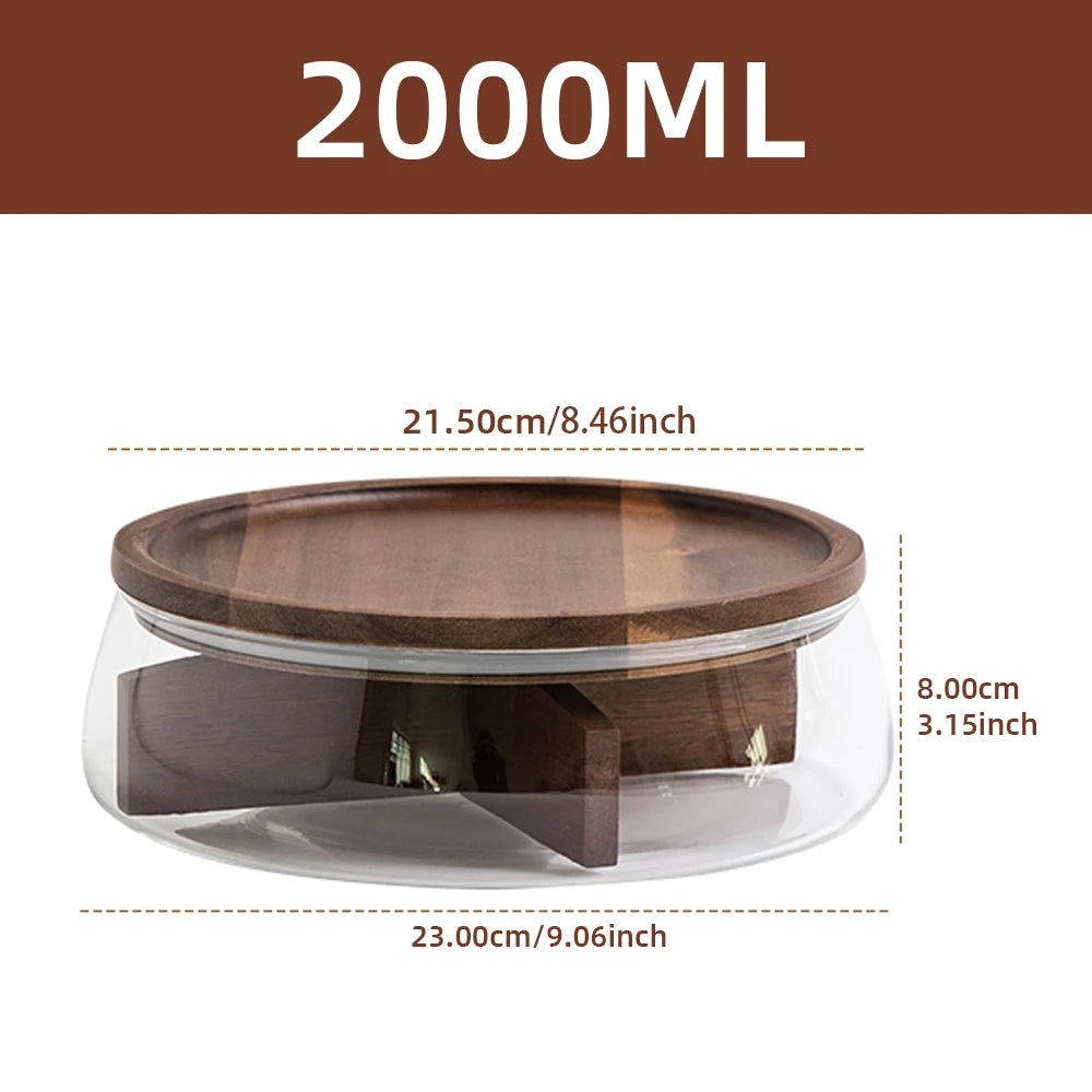 Glass Food Storage Container with Wooden Lid Multi Compartment Snack Fruit Organizer Kitchen Living Room Desktop Serving Tray