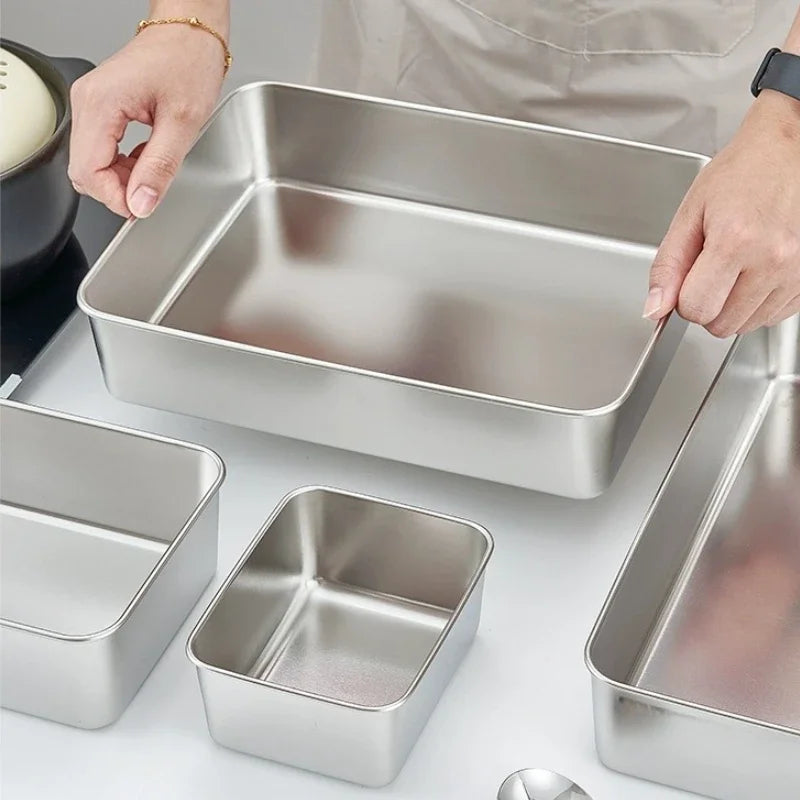 Food Storage Trays Rectangle Preservation Box with Plastic Cover Stainless Steel Multi-Function Rustproof Barbecue Food Storager