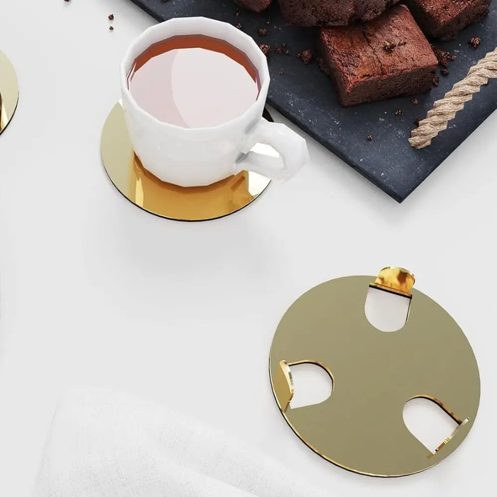 Kitchen Gadgets Round Gold Stainless Steel Coaster Set Mirror-like With Holder Drink Pad Scald-proof Insulated Cup Mat Tabletop