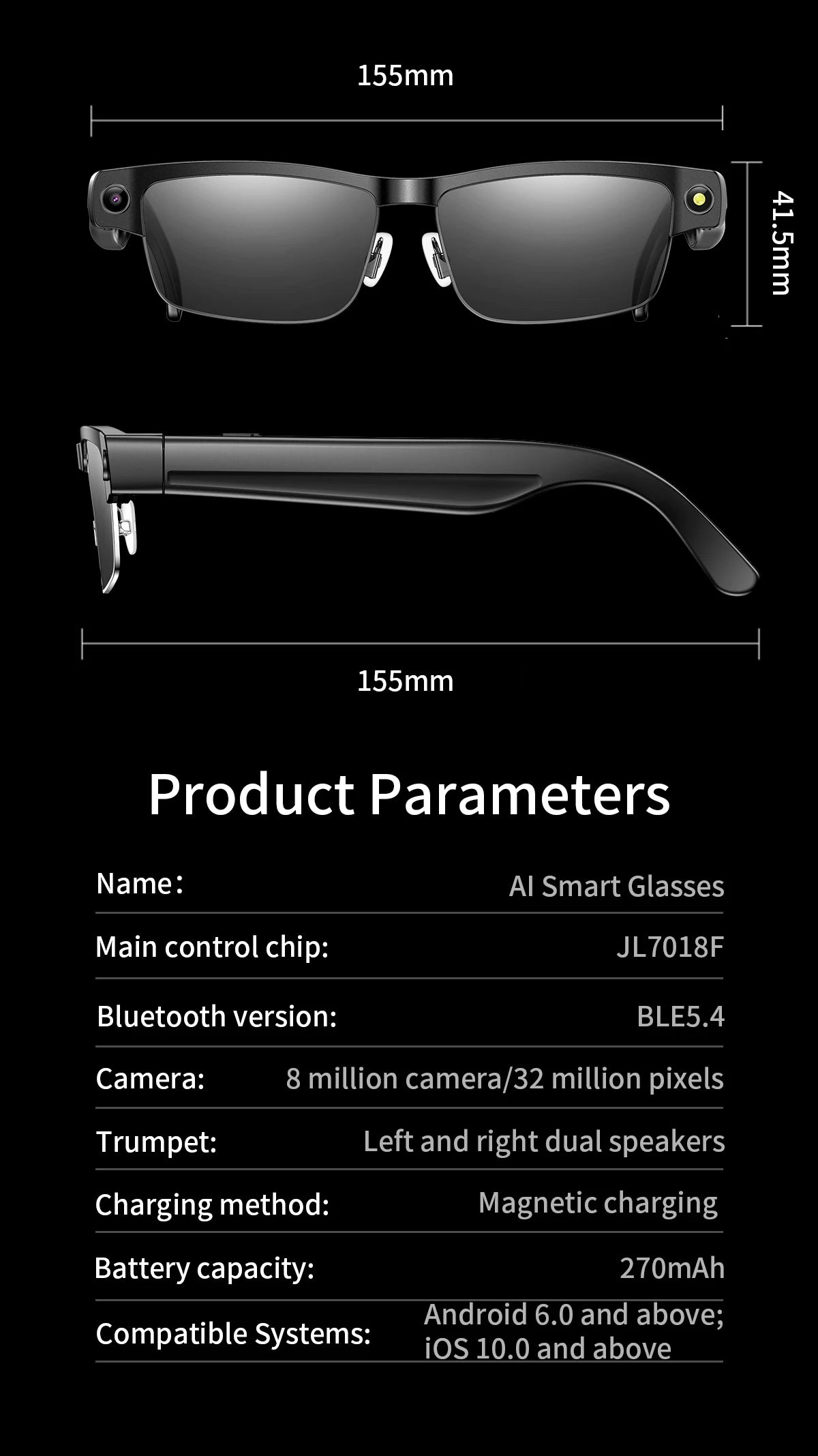 New 800W HD Camera Smart Glasses WFl Transmission Bluetooth Call AI Intelligent Voice Assistant Object Recognition Sun Glasses