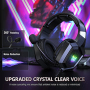 ONIKUMA Gaming Headphones with Flexible HD Mic RGB Light Surround Sound Over-Ear Wired Headset Gamer for PC