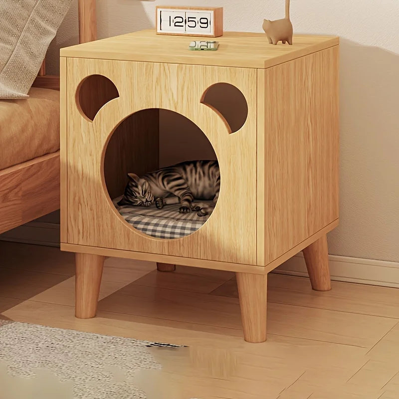 Cat Bed Side Table with Bear Cutout Design, Elevated Wooden Cat House with Cushion, Multi-Functional Nightstand & Pet Bed