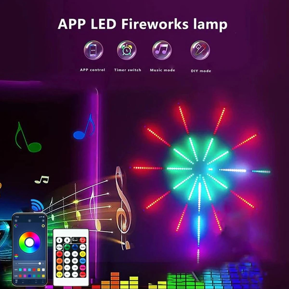 Smart Dynamic Fireworks LED Lights With Music Synchronization RGB LED Strip LightsRemote USB Control Light For Living Room Decor