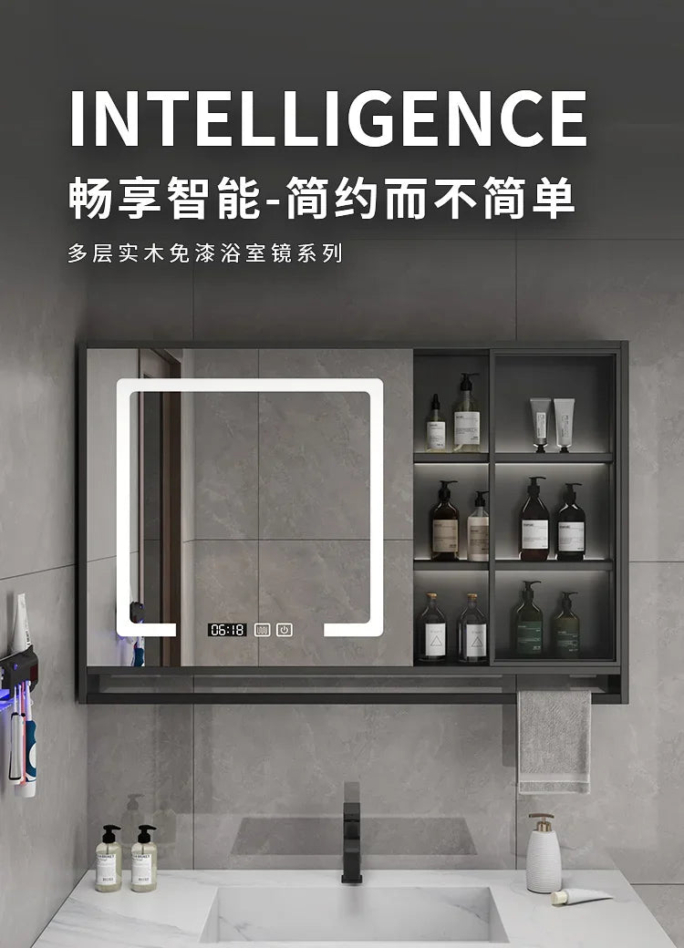 Smart Bathroom Storage Mirror Cabinets with Towel Rod Wall Standing Closet Light Mirror Cabinets Organizador Bathroom Furniture