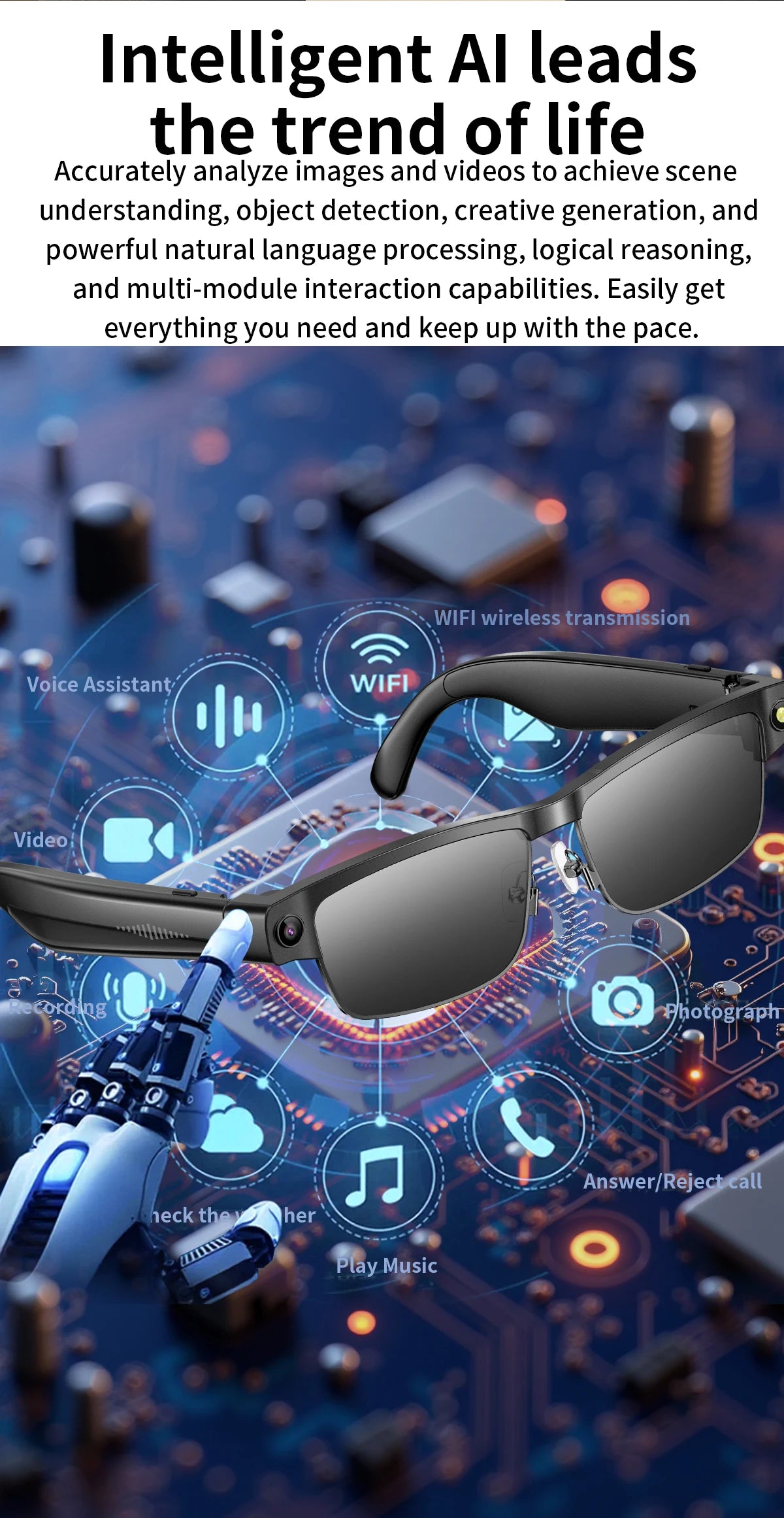 New 800W HD Camera Smart Glasses WFl Transmission Bluetooth Call AI Intelligent Voice Assistant Object Recognition Sun Glasses