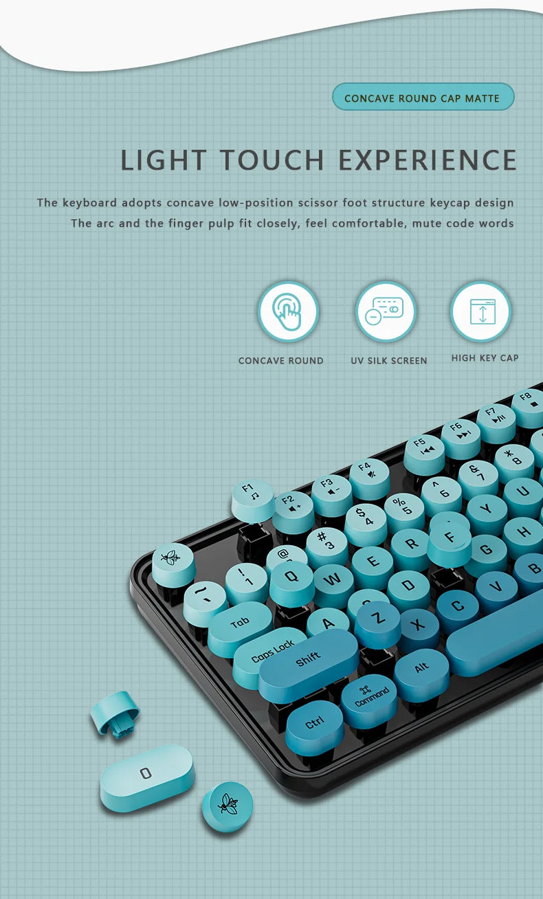 Cute 104Keys Retro Round Keycap 2.G Wireless Gaming Keyboard Mouse Combo Ergonomic Keyboard With Multimedia function keys