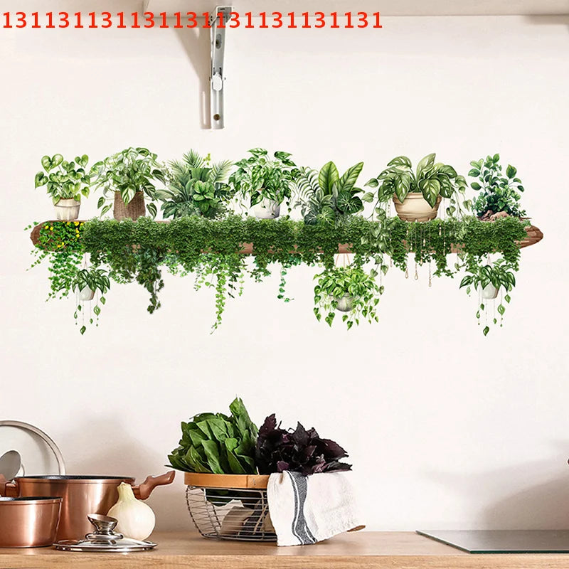 Bedroom Living Room Wall Beautification Green Plant Decor Courtyard Wall Decals Green Dill Leaves Hanging Basket Wall Stickers