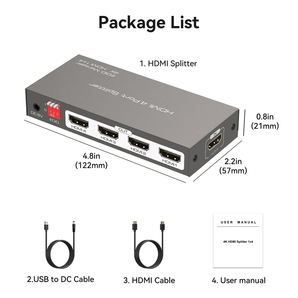 HDMI Splitter 4K@60Hz 1 in 4 Out with EDID Management for Exhibition Classroom Presentation Gaming 4 Way HDMI Splitter 4 Port