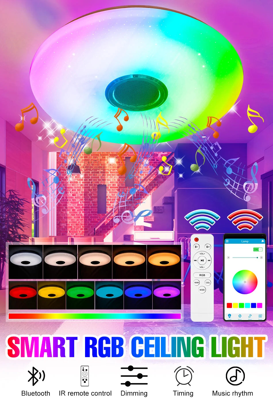 RGB Smart Ceiling Light LED Interior Home Decorative Light Luster Dimming Remote Control WIFI Living Room Ambient Light Party