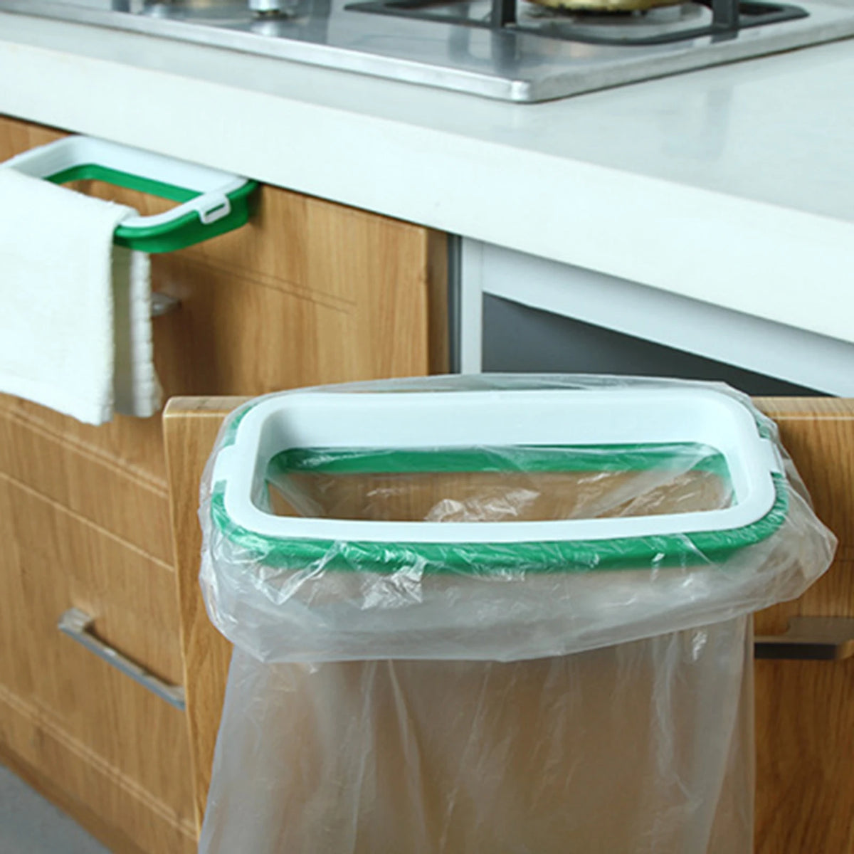Kitchen Under Sink Garbage Bag Holder Trash Bag Rack Garbage Container Cabinet Door Mount Hooks for Trash Bags Cleaning Cloths