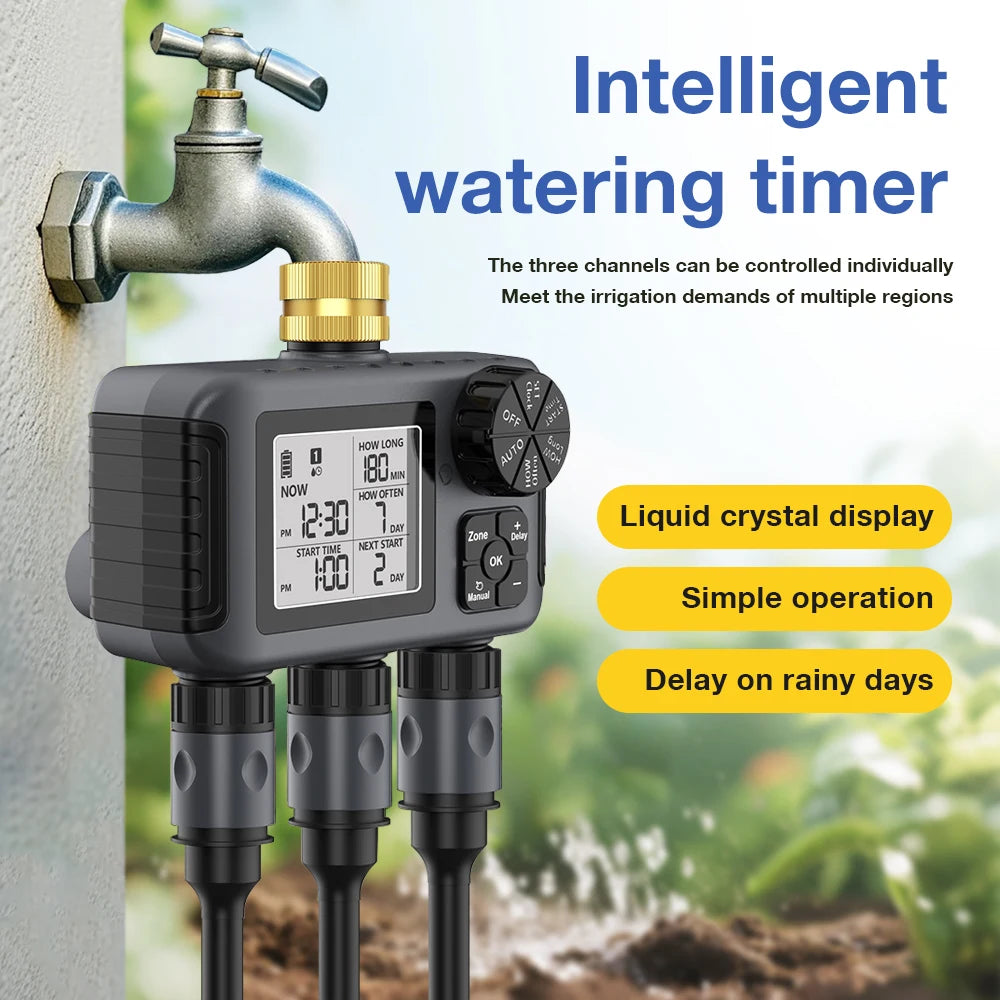 Garden Water Timer Irrigation System 3-Outlet Digital Garden Sprinkler Programmer Rain Delay Automatic Watering for Garden Lawn