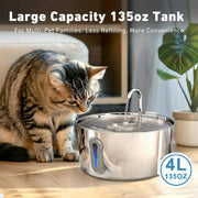 Cat Water Fountain, 4.0L Automatic Pet Fountain Stainless Steel Large Dog Water Dispenser with Quiet Pump for Cat Dog Inside