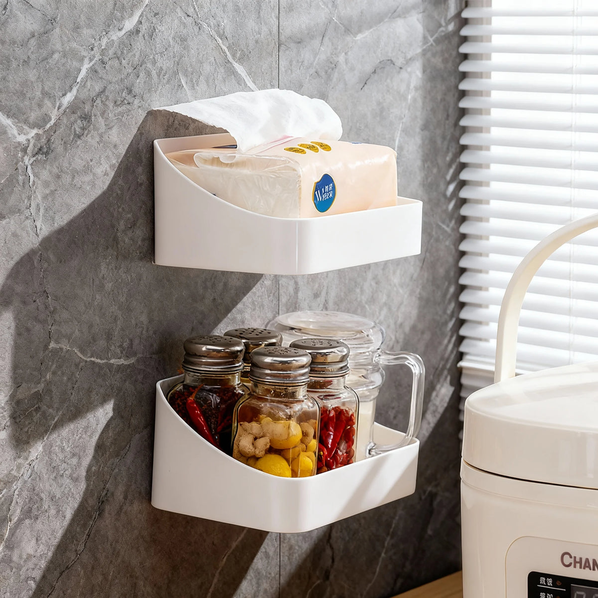 Kitchen Organizer Large Capacity Spice Jar Storage Holder Multifunctional Self-adhesive Wall Mounted Plastic Storage Rack