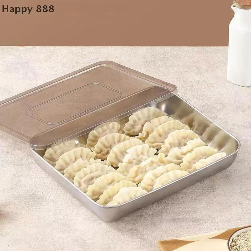Stainless Steel Kitchen Storage Container With Tray – Refrigerator Organizer For Dumplings, Fruits, Vegetables, Meat, And Cakes