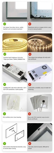 Smart Bathroom Mirror, Toilet, Washroom, Wall Mounted, LED Light Mirror, Anti Fog, Defogging, Bathroom Mirror, with Time Display