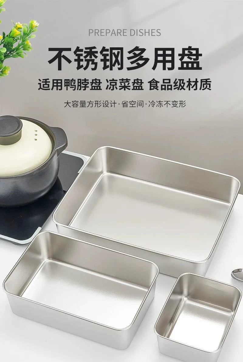 Food Storage Trays Rectangle Preservation Box with Plastic Cover Stainless Steel Multi-Function Rustproof Barbecue Food Storager