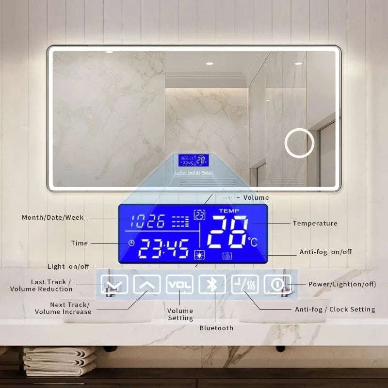 Smart Bathroom Mirror, Toilet, Washroom, Wall Mounted, LED Light Mirror, Anti Fog, Defogging, Bathroom Mirror, with Time Display