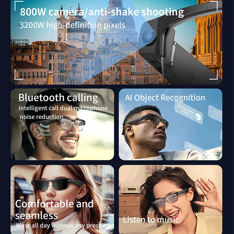 New 800W HD Camera Smart Glasses WFl Transmission Bluetooth Call AI Intelligent Voice Assistant Object Recognition Sun Glasses