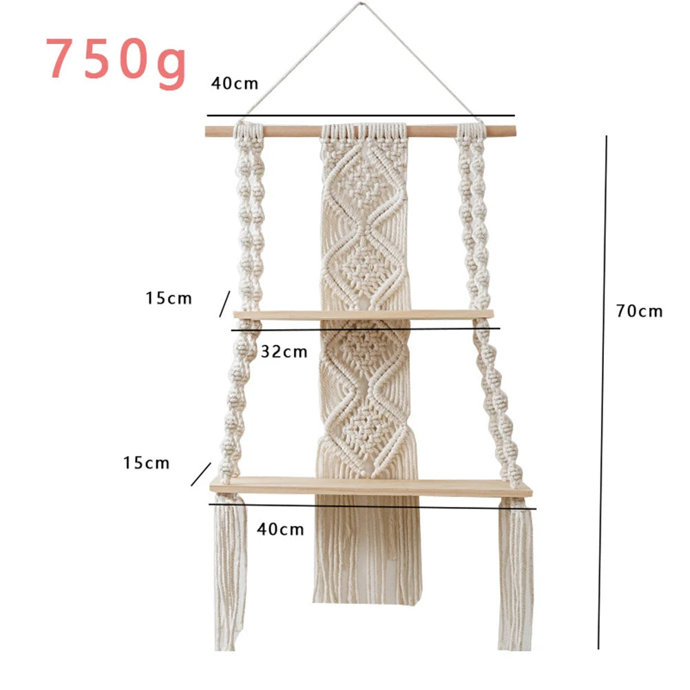 Bohemian Bedroom Decoration Wall Decoration Bohemian Bookshelf Decoration,Woven Rope Floating Wooden Shelves and Plants Storage