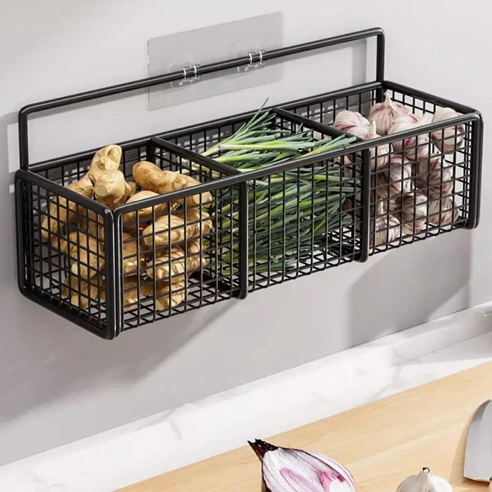 Kitchen Wall Mounted Storage Rack Onion Ginger Garlic Condiments Spice Shelf Punch-Free Vegetable Fruit Drain Basket