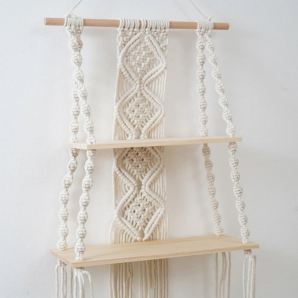 Bohemian Bedroom Decoration Wall Decoration Bohemian Bookshelf Decoration,Woven Rope Floating Wooden Shelves and Plants Storage