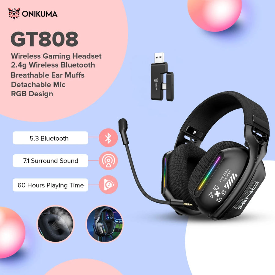 Wireless Gaming Headset: 2.4G/Wired/Bluetooth 3 Modes, Bendable HD Mic, Soft Ear Pads, Immersive Sound for PC/PS4/PS5 – Black