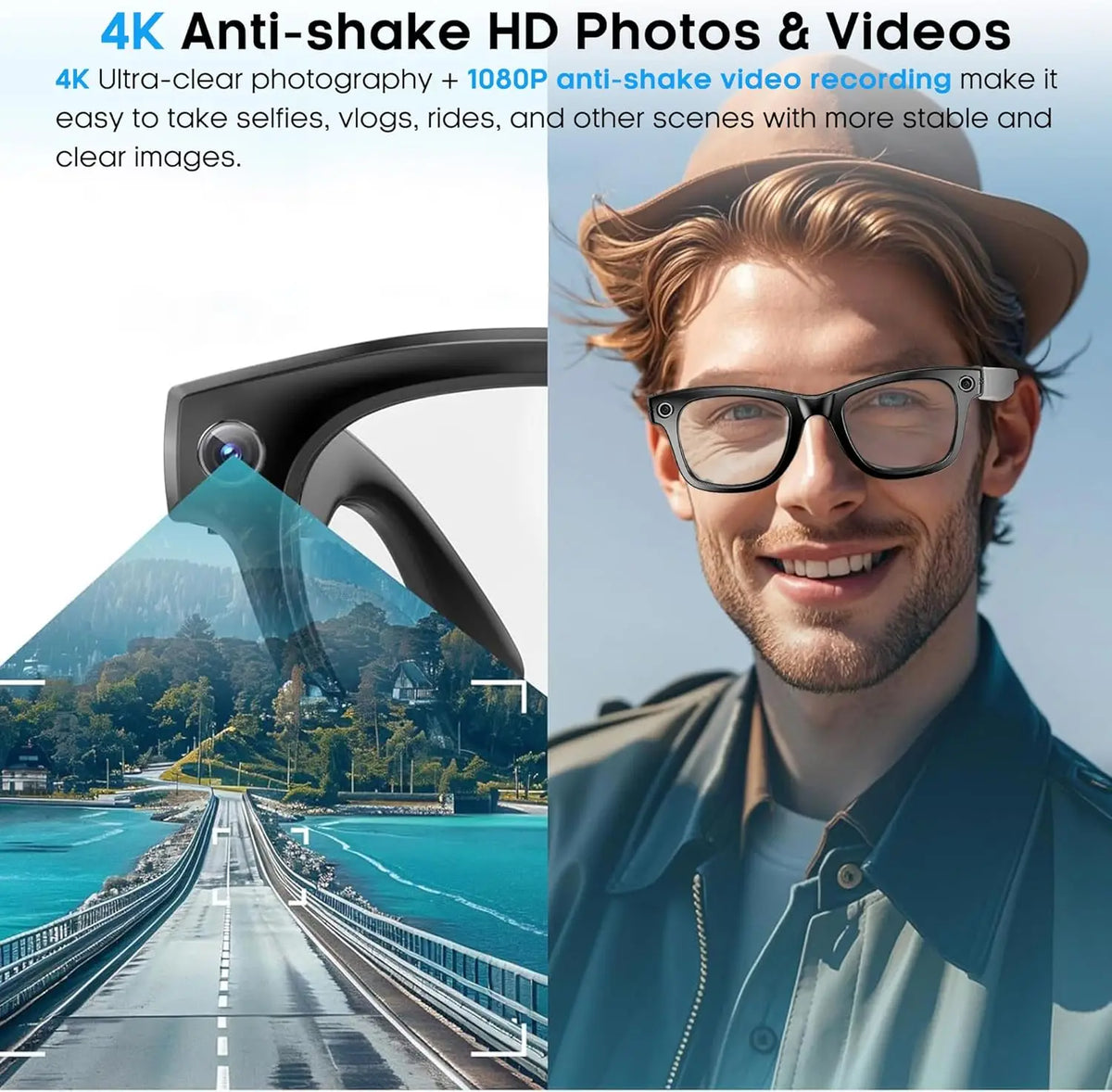 New 8 Million Pixels Camera Smart Glasses Recording Videos AI Photo Recognition Answer Translation Waterproof Blue light Glasses