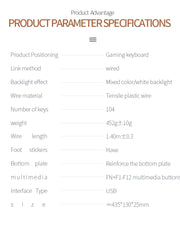 104 Keys Gaming Keyboard Wired Keyboard Color Matching Backlit Mechanical Feel Computer E-sports Peripherals for Desktop Laptop