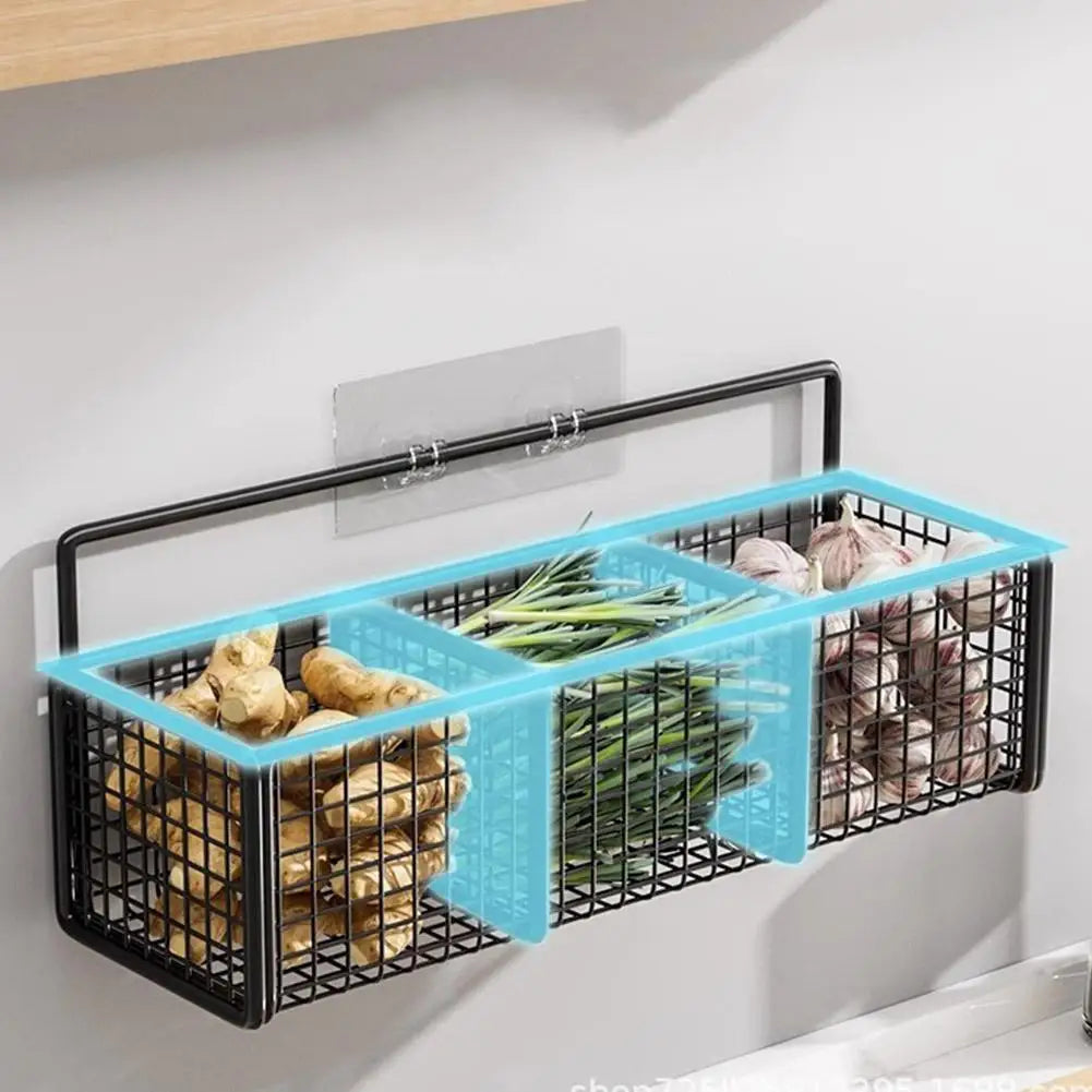 Kitchen Wall Mounted Storage Rack Onion Ginger Garlic Condiments Spice Shelf Punch-Free Vegetable Fruit Drain Basket