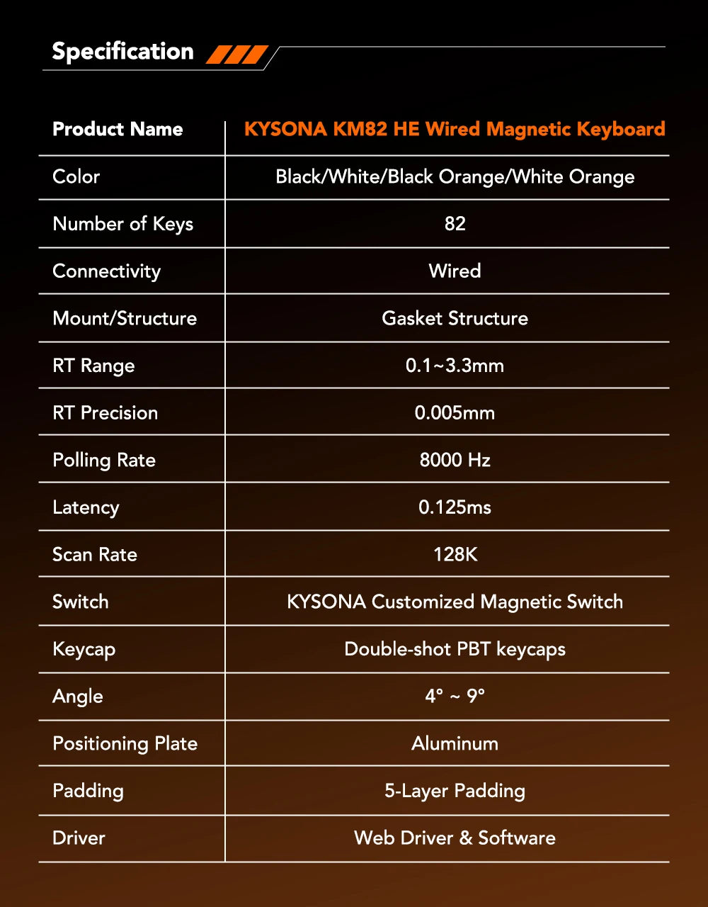 KYSONA KM82 HE Wired Gaming Keyboard Magnetic Switch 75% 82 Key 8000Hz Polling Rate PBT Ultra-Precision 0.005mm RGB For Gamer