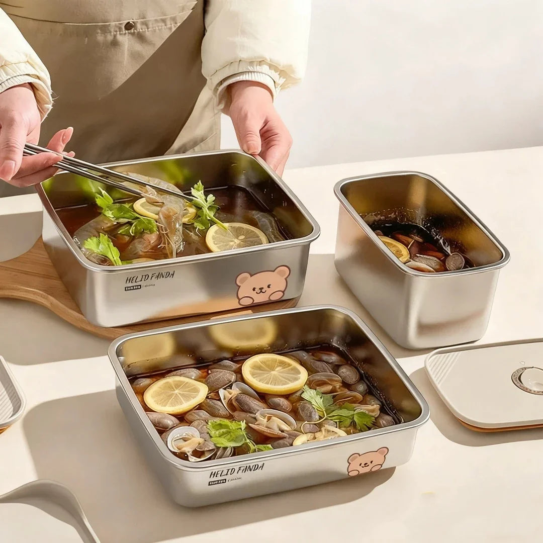 304 Stainless Steel Storage Container With Sticks Fridge Sealed Food Storage Box Large Capacity Fresh-keeping Box Oven Heatable